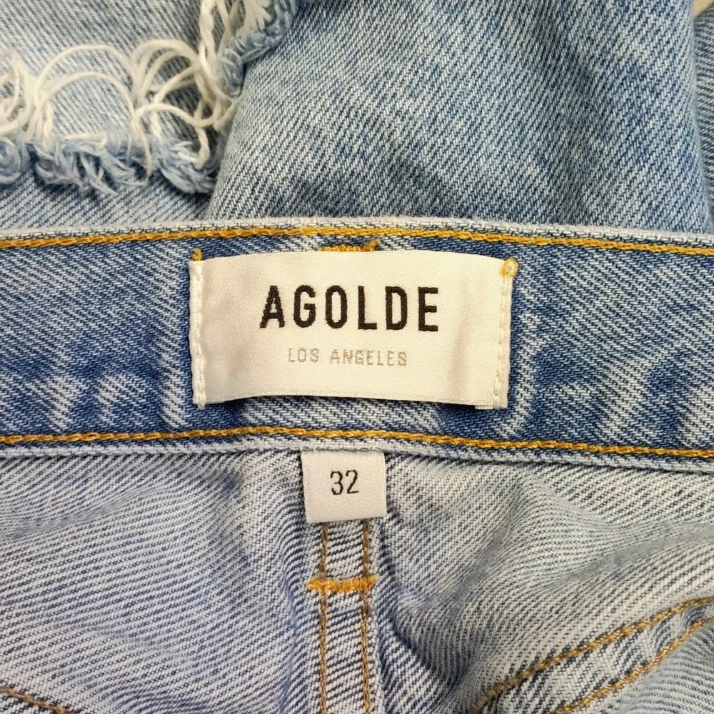 AGOLDE Parker Long Cut Off Jean Shorts 32 High Rise Button Fly Festival Denim